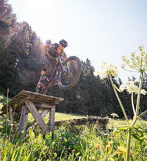 Bikerin beim Sprung in sommerlicher Landschaft